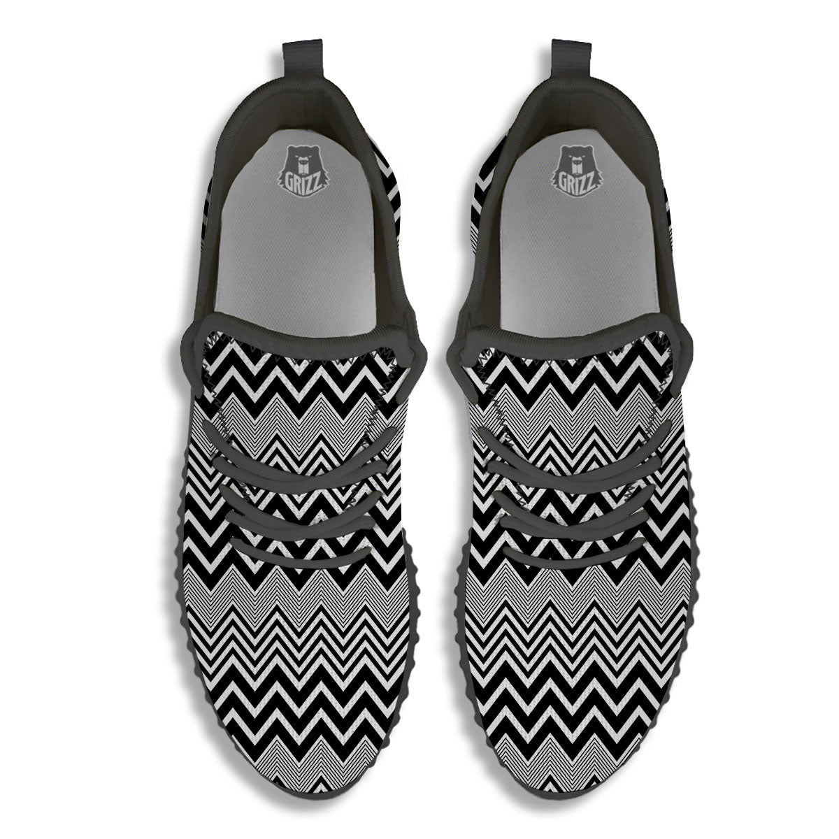 Zigzag White And Black Print Pattern Black Walking Shoes-grizzshop