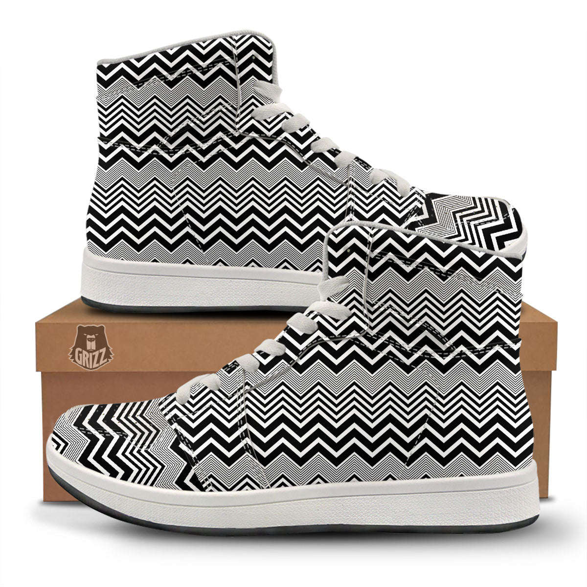 Zigzag White And Black Print Pattern High Top Sneakers-grizzshop