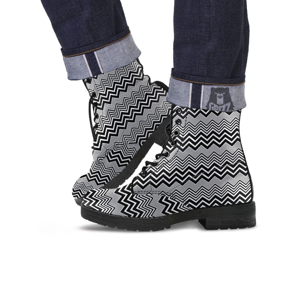 Zigzag White And Black Print Pattern Leather Boots-grizzshop