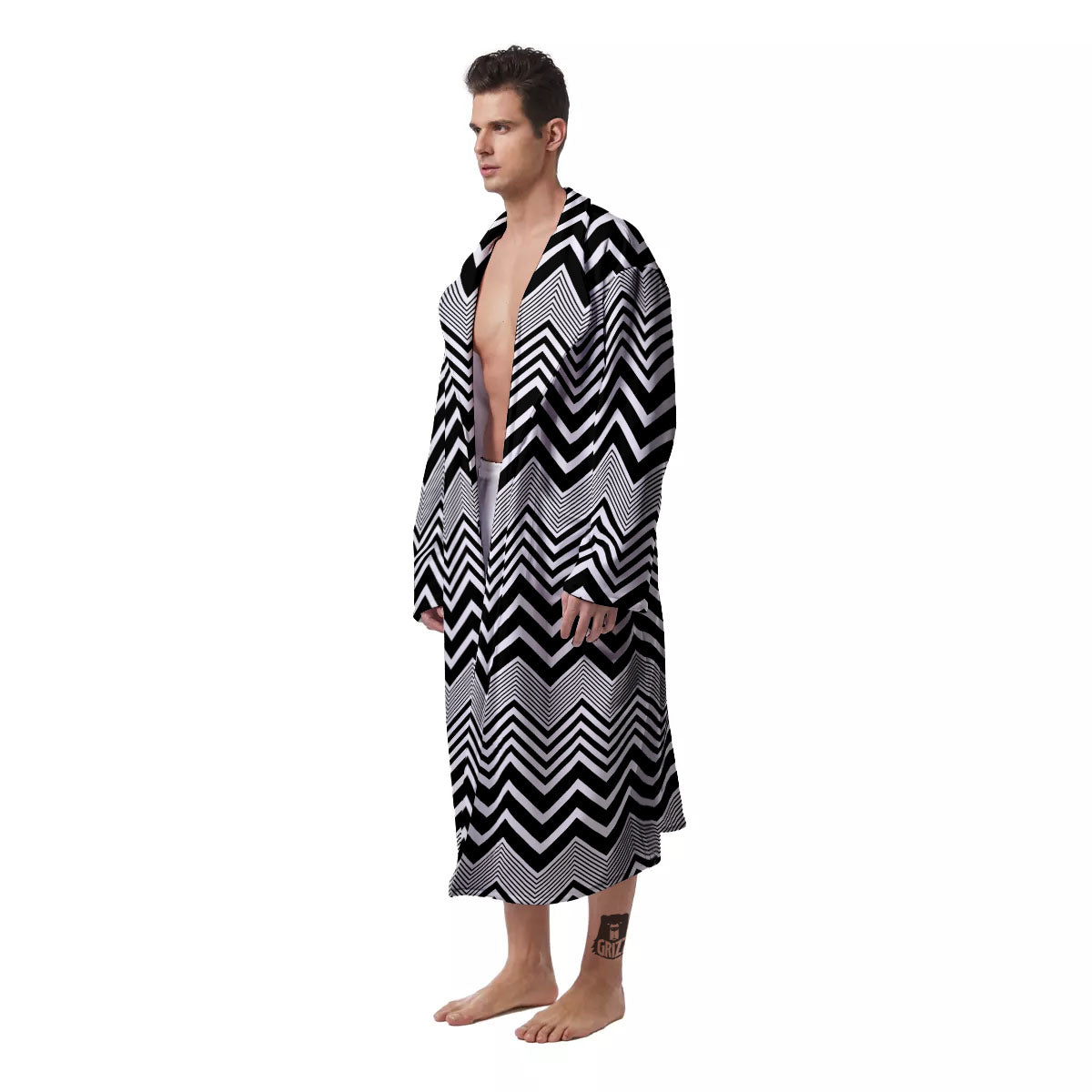 Zigzag White And Black Print Pattern Men's Robe-grizzshop