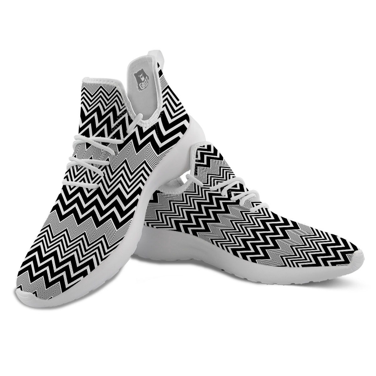 Zigzag White And Black Print Pattern White Athletic Shoes-grizzshop