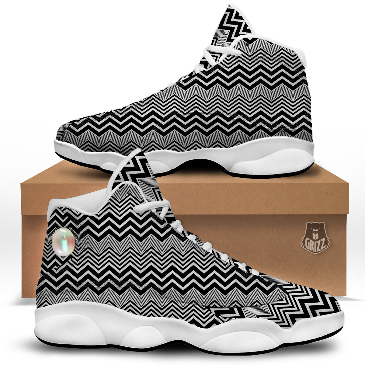 Zigzag White And Black Print Pattern White Basketball Shoes-grizzshop