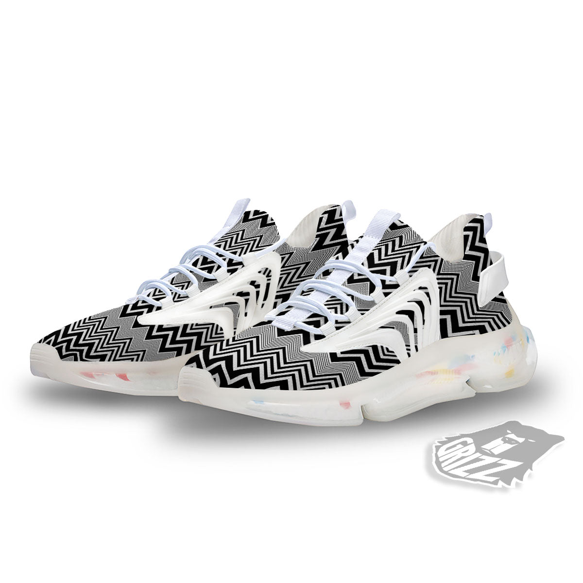 Zigzag White And Black Print Pattern White Gym Shoes-grizzshop