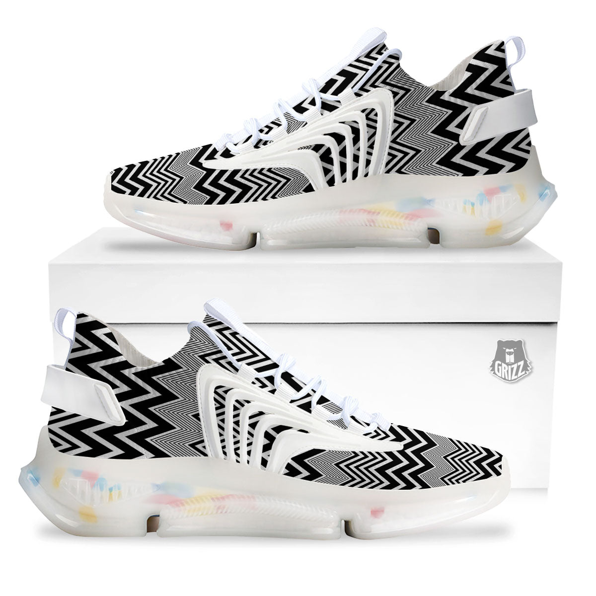Zigzag White And Black Print Pattern White Gym Shoes-grizzshop