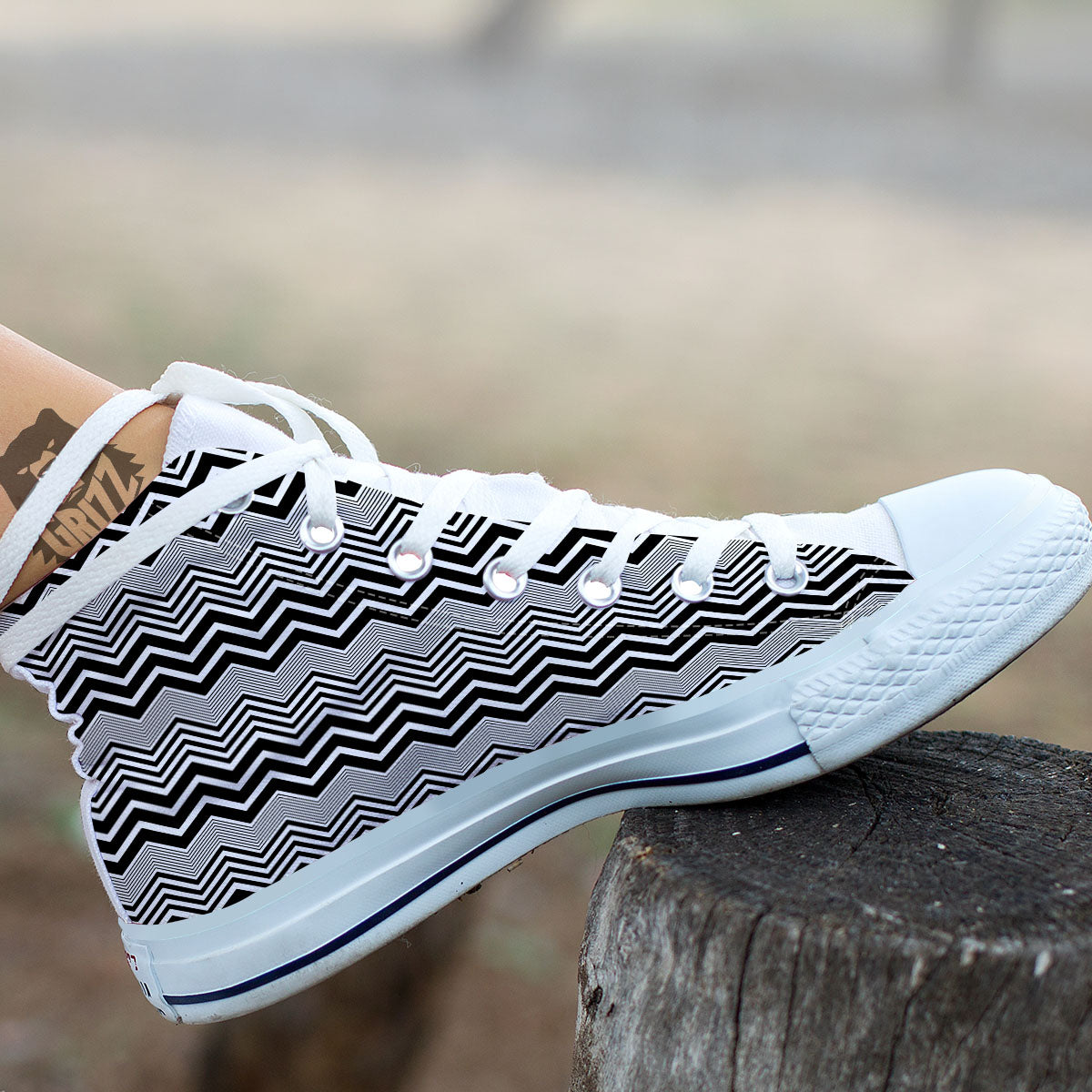 Zigzag White And Black Print Pattern White High Top Shoes-grizzshop