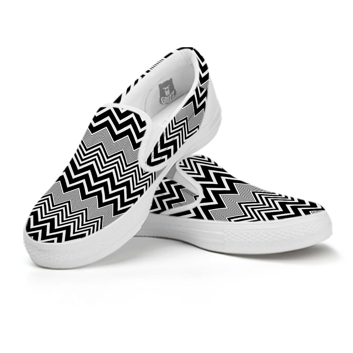 Zigzag White And Black Print Pattern White Slip On Shoes-grizzshop