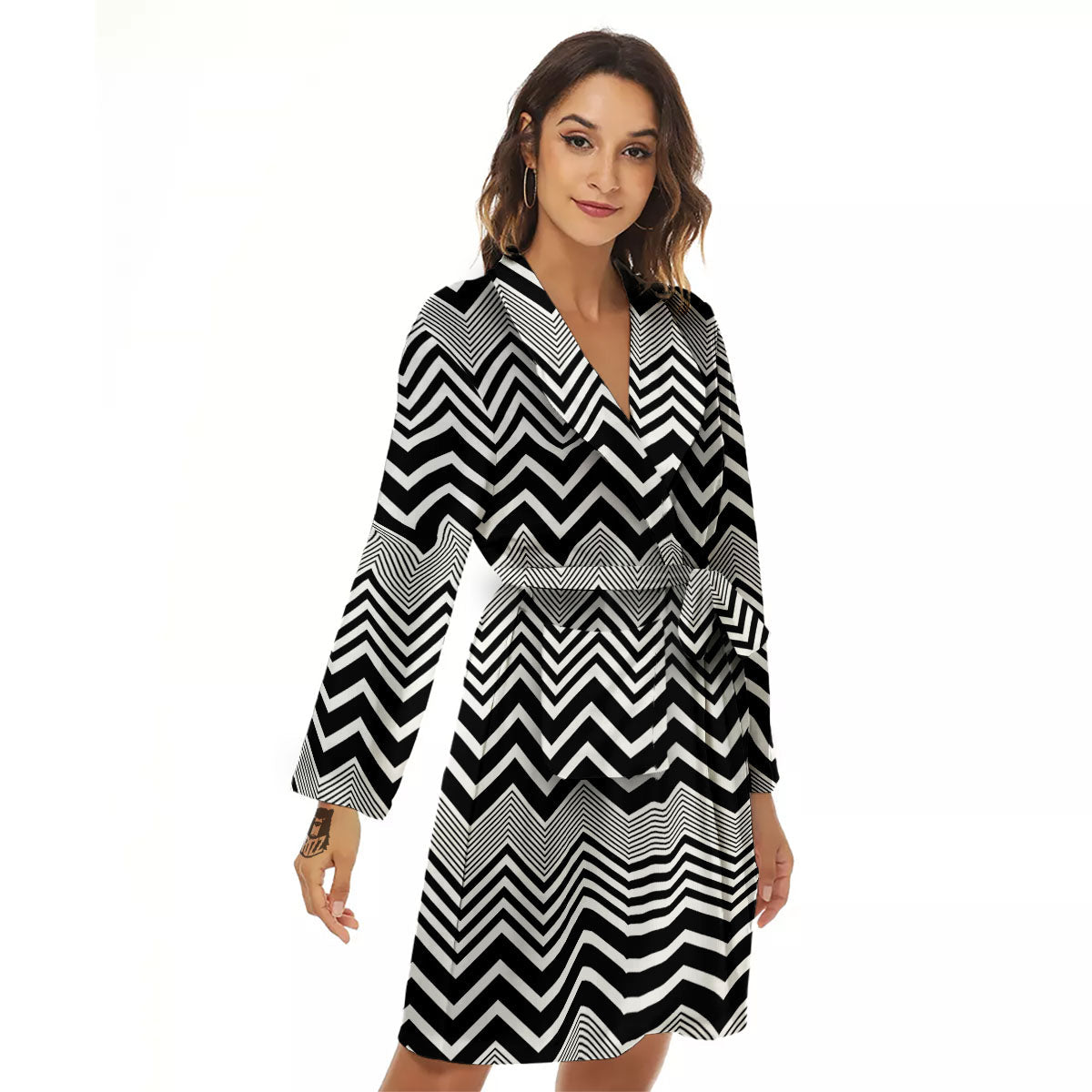 Zigzag White And Black Print Pattern Women's Robe-grizzshop