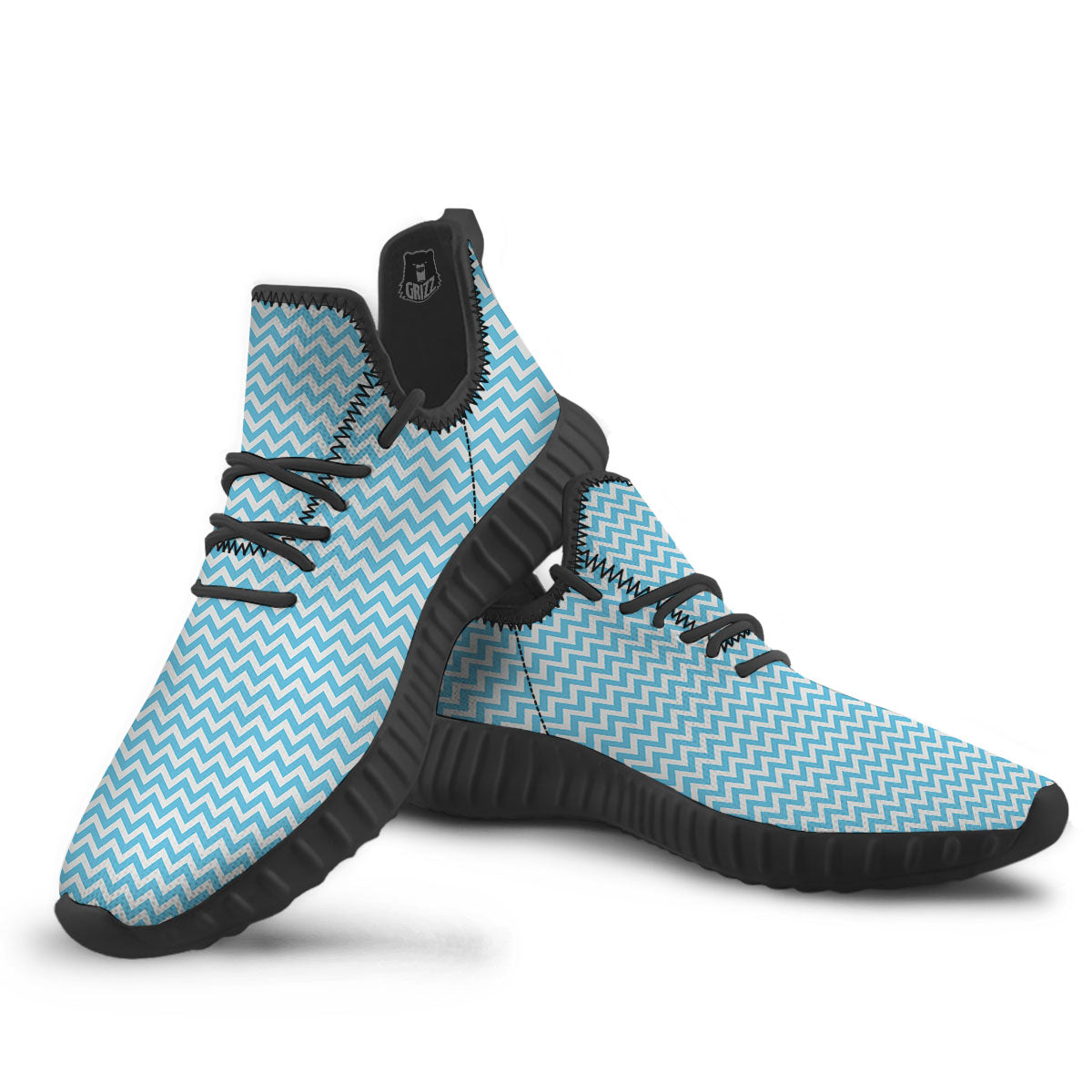 Zigzag White And Blue Print Pattern Black Walking Shoes-grizzshop