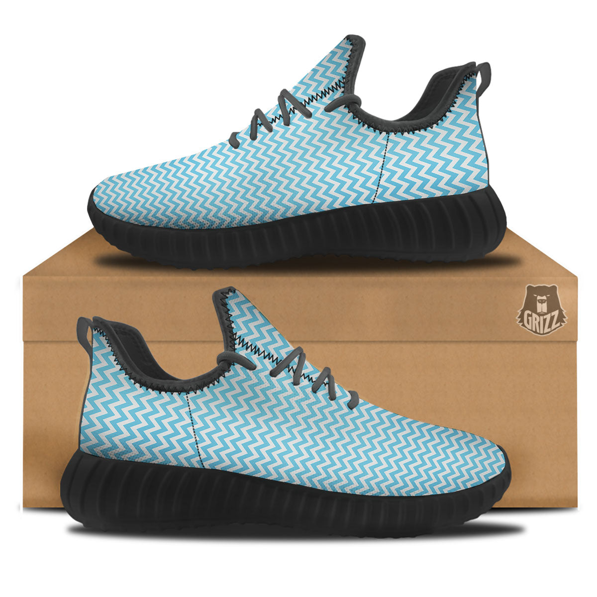 Zigzag White And Blue Print Pattern Black Walking Shoes-grizzshop