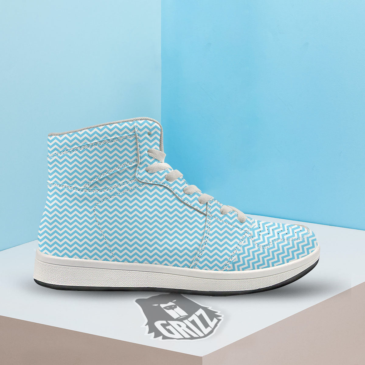 Zigzag White And Blue Print Pattern High Top Sneakers-grizzshop
