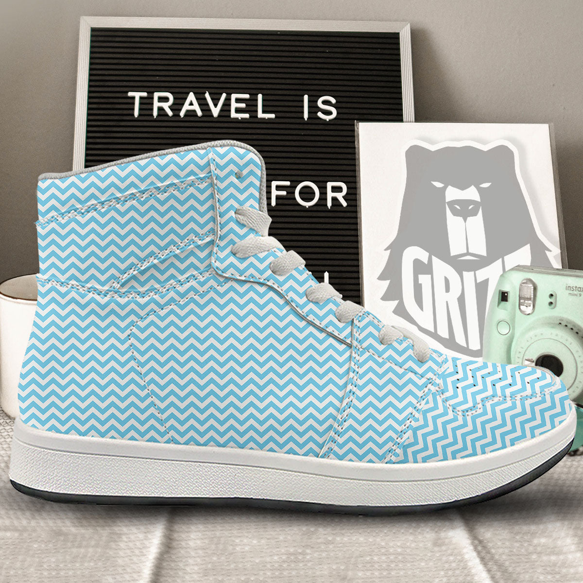 Zigzag White And Blue Print Pattern High Top Sneakers-grizzshop