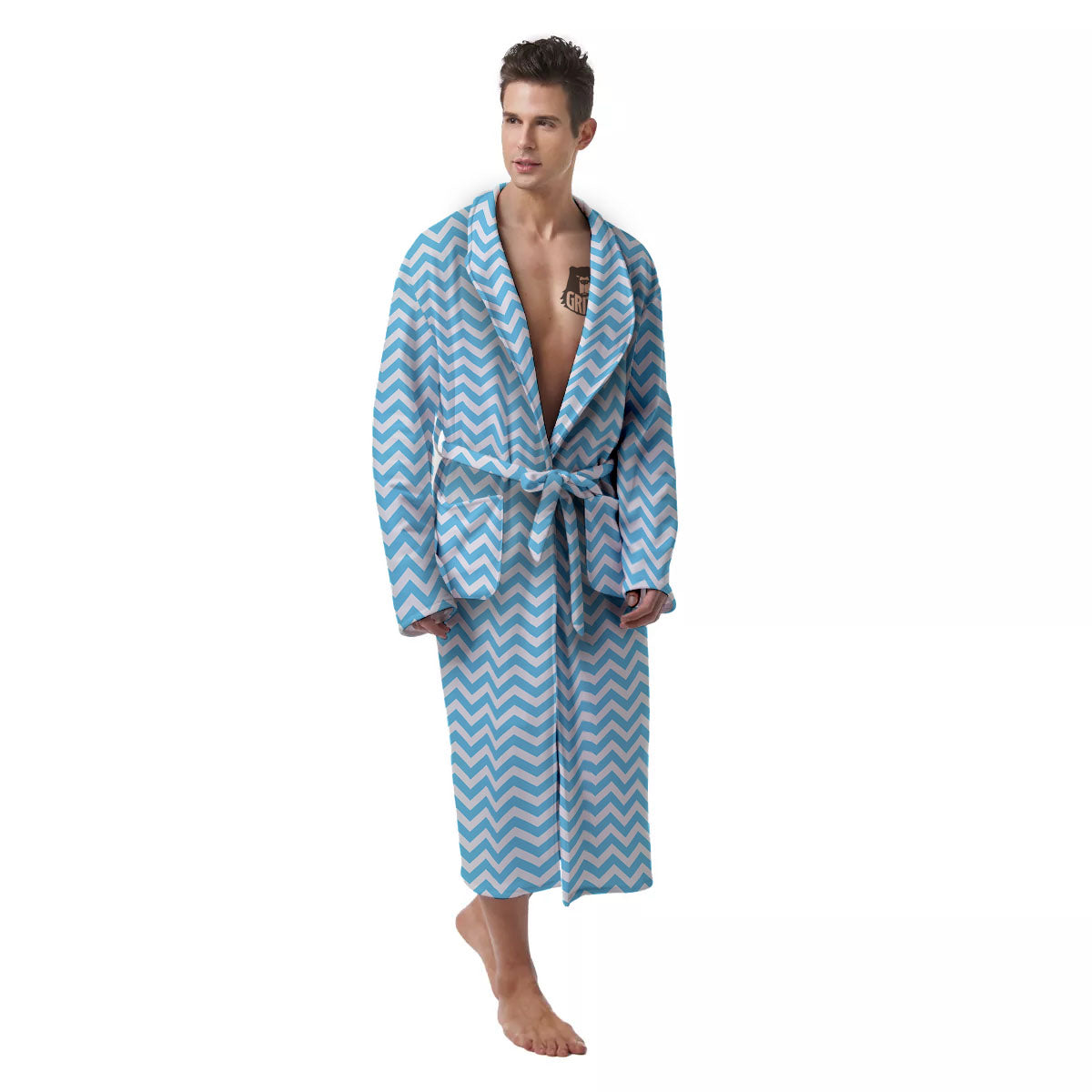 Zigzag White And Blue Print Pattern Men's Robe-grizzshop