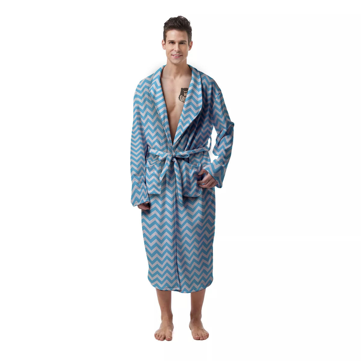 Zigzag White And Blue Print Pattern Men's Robe-grizzshop