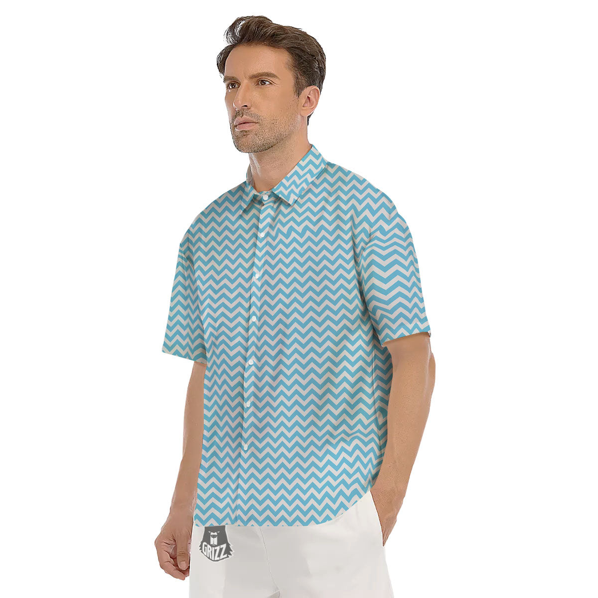 Zigzag White And Blue Print Pattern Men's Short Sleeve Shirts-grizzshop