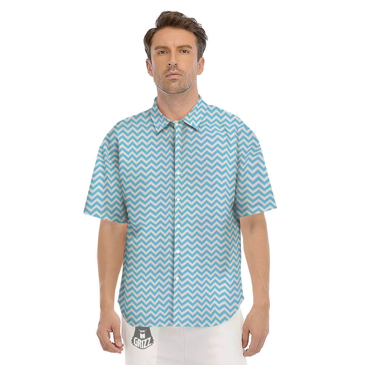 Zigzag White And Blue Print Pattern Men's Short Sleeve Shirts-grizzshop