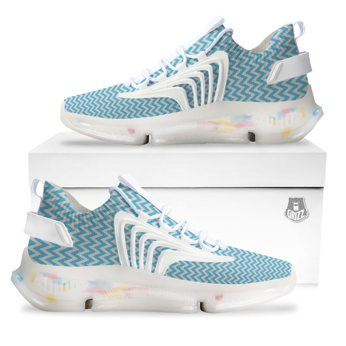 Zigzag White And Blue Print Pattern White Gym Shoes-grizzshop