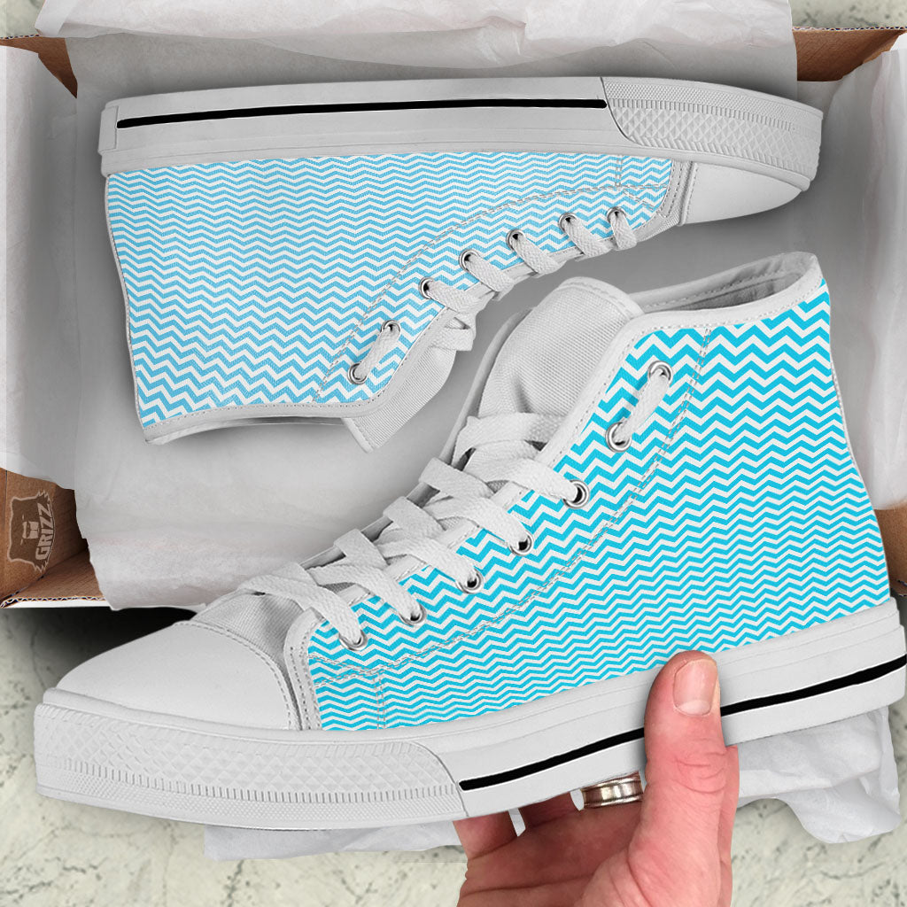 Zigzag White And Blue Print Pattern White High Top Shoes-grizzshop