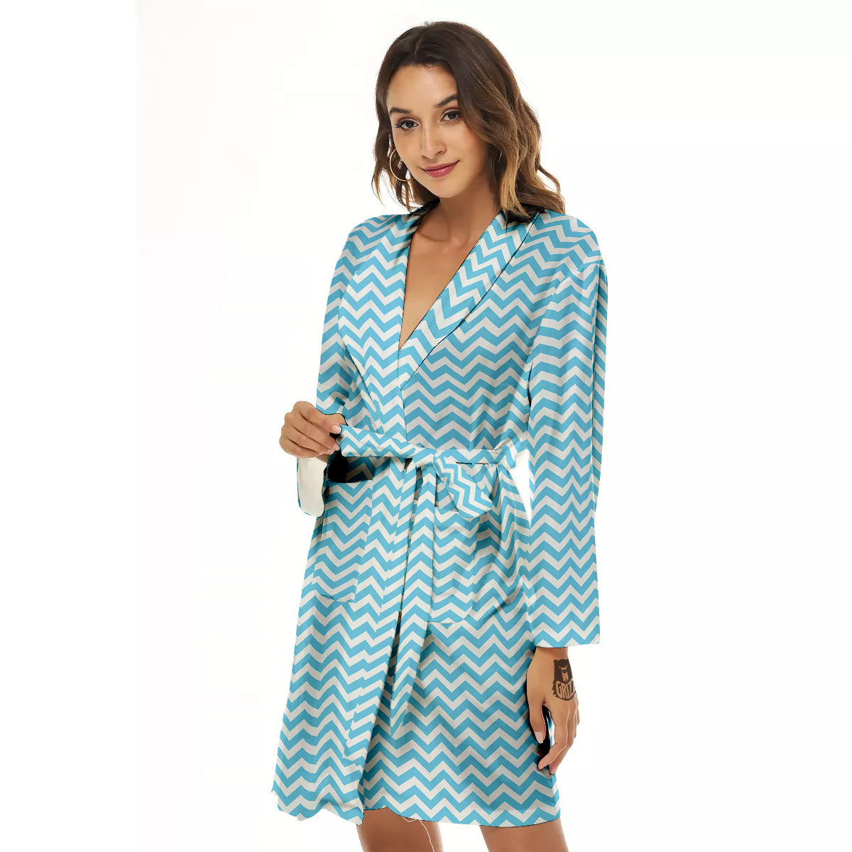 Zigzag White And Blue Print Pattern Women's Robe-grizzshop