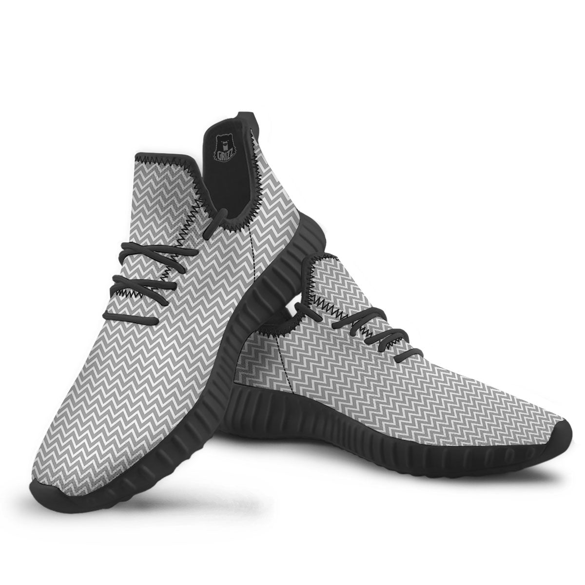 Zigzag White And Grey Print Pattern Black Walking Shoes-grizzshop