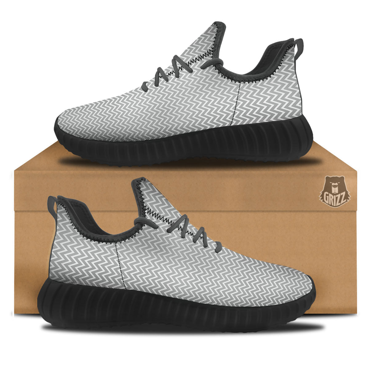 Zigzag White And Grey Print Pattern Black Walking Shoes-grizzshop