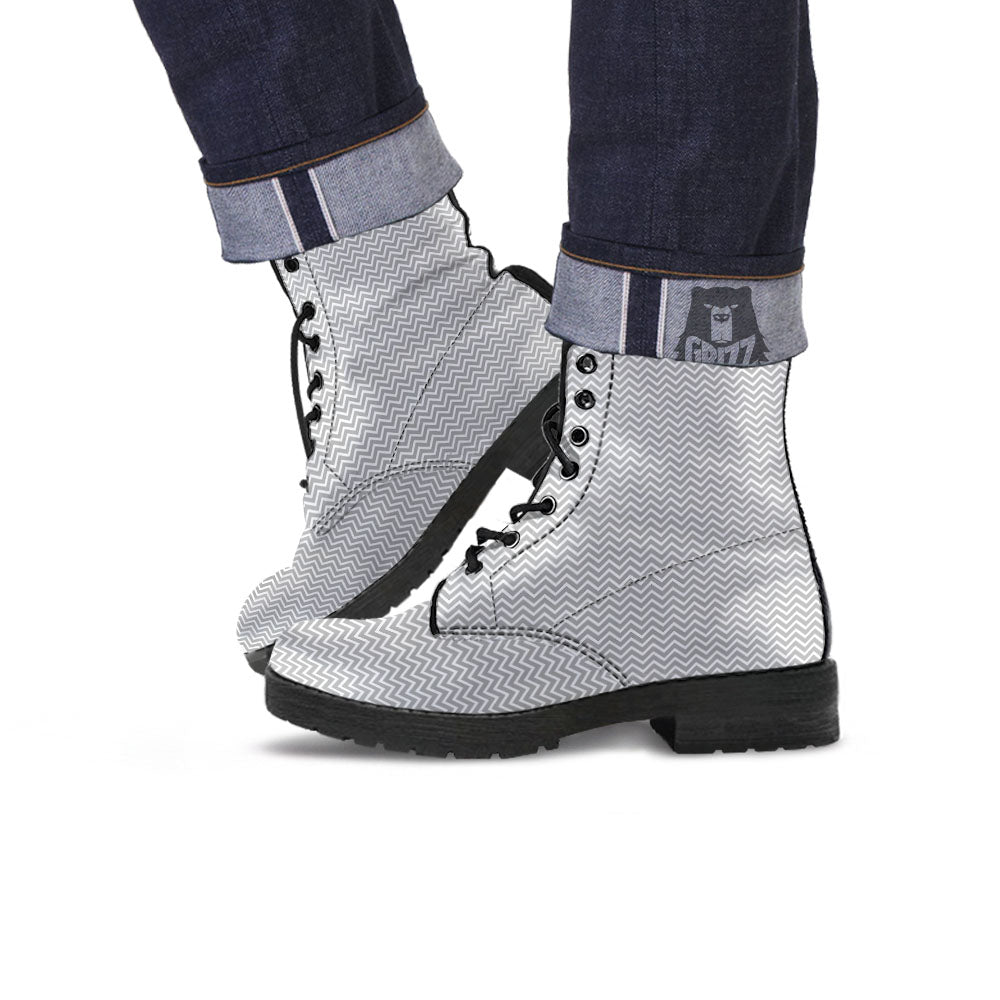 Zigzag White And Grey Print Pattern Leather Boots-grizzshop