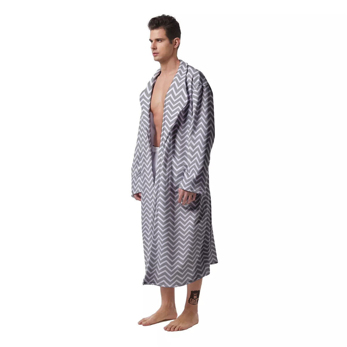 Zigzag White And Grey Print Pattern Men's Robe-grizzshop