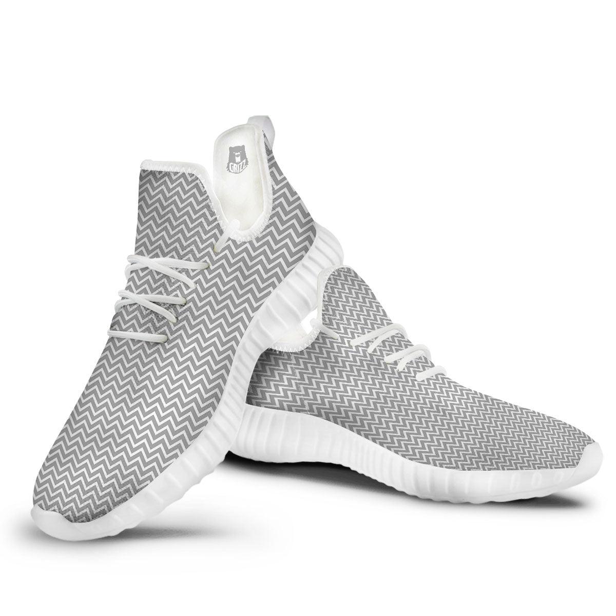 Zigzag White And Grey Print Pattern White Walking Shoes-grizzshop