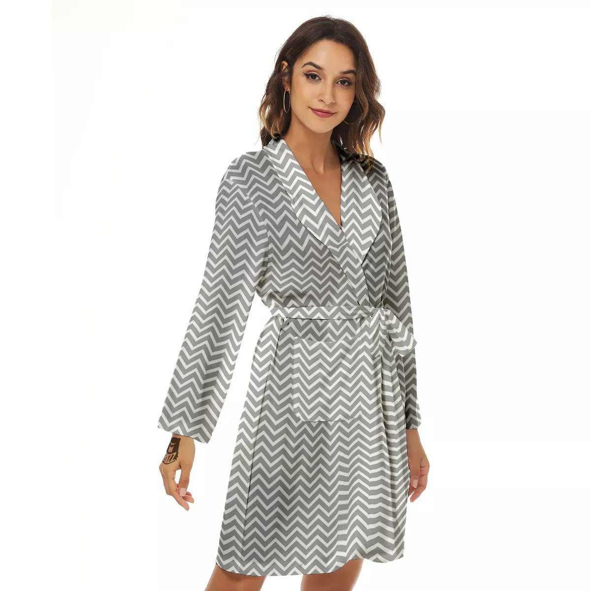 Zigzag White And Grey Print Pattern Women's Robe-grizzshop