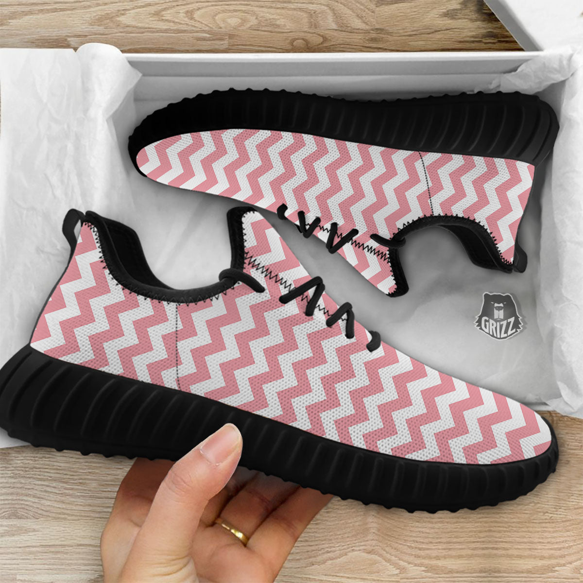 Zigzag White And Pink Print Pattern Black Walking Shoes-grizzshop