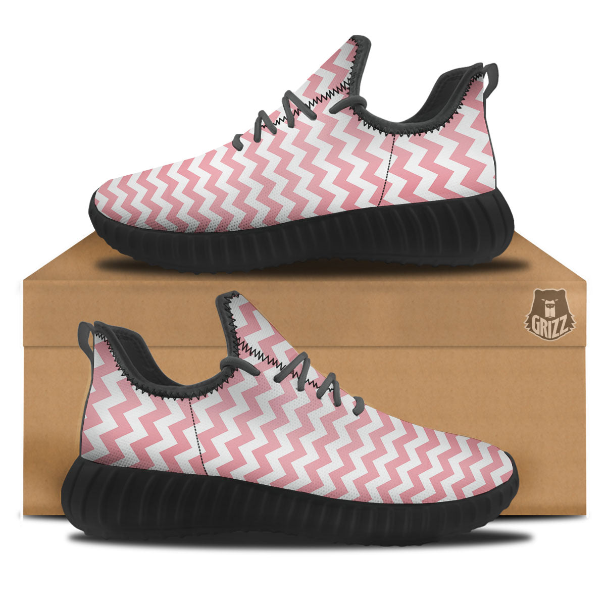 Zigzag White And Pink Print Pattern Black Walking Shoes-grizzshop