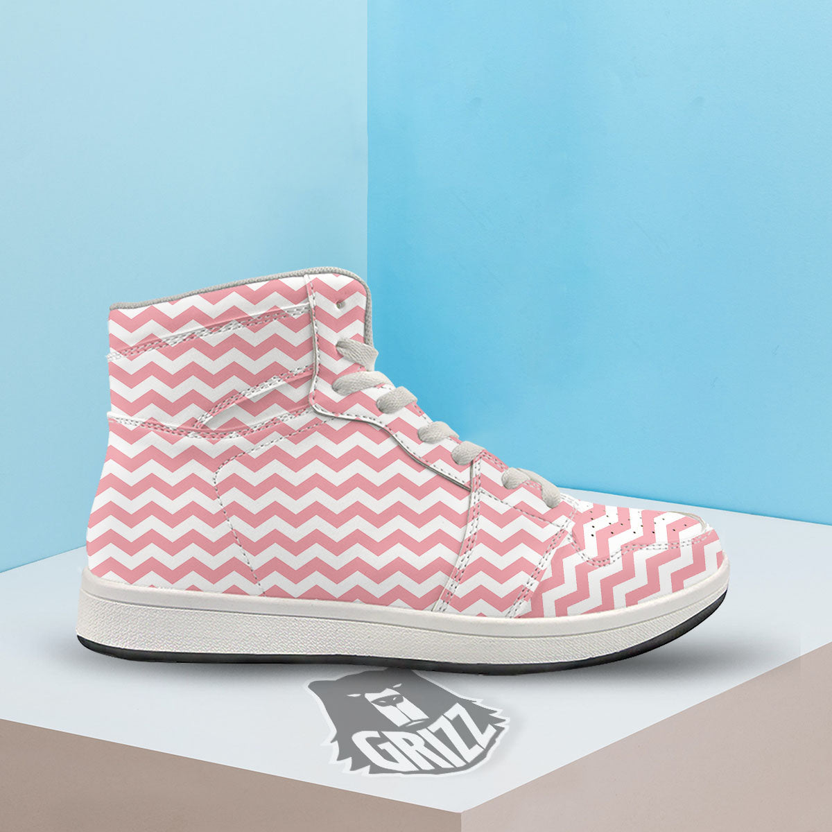Zigzag White And Pink Print Pattern High Top Sneakers-grizzshop