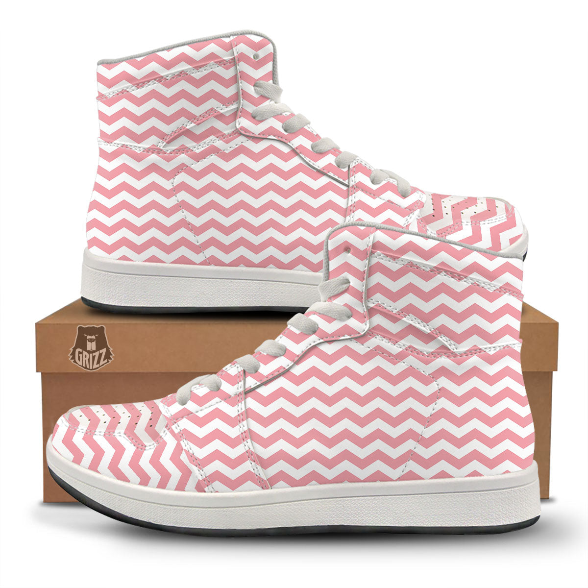 Zigzag White And Pink Print Pattern High Top Sneakers-grizzshop