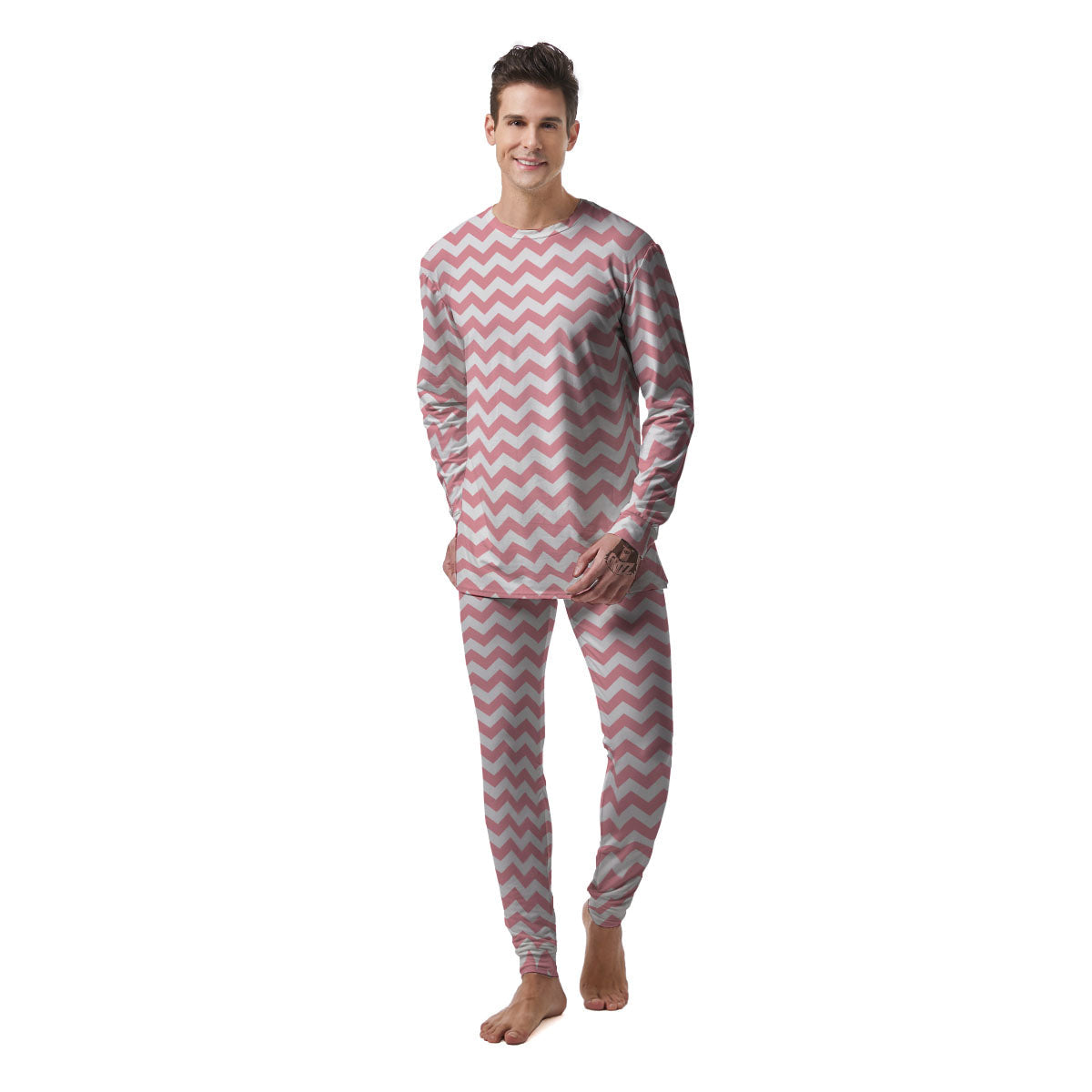 Zigzag White And Pink Print Pattern Men's Pajamas-grizzshop