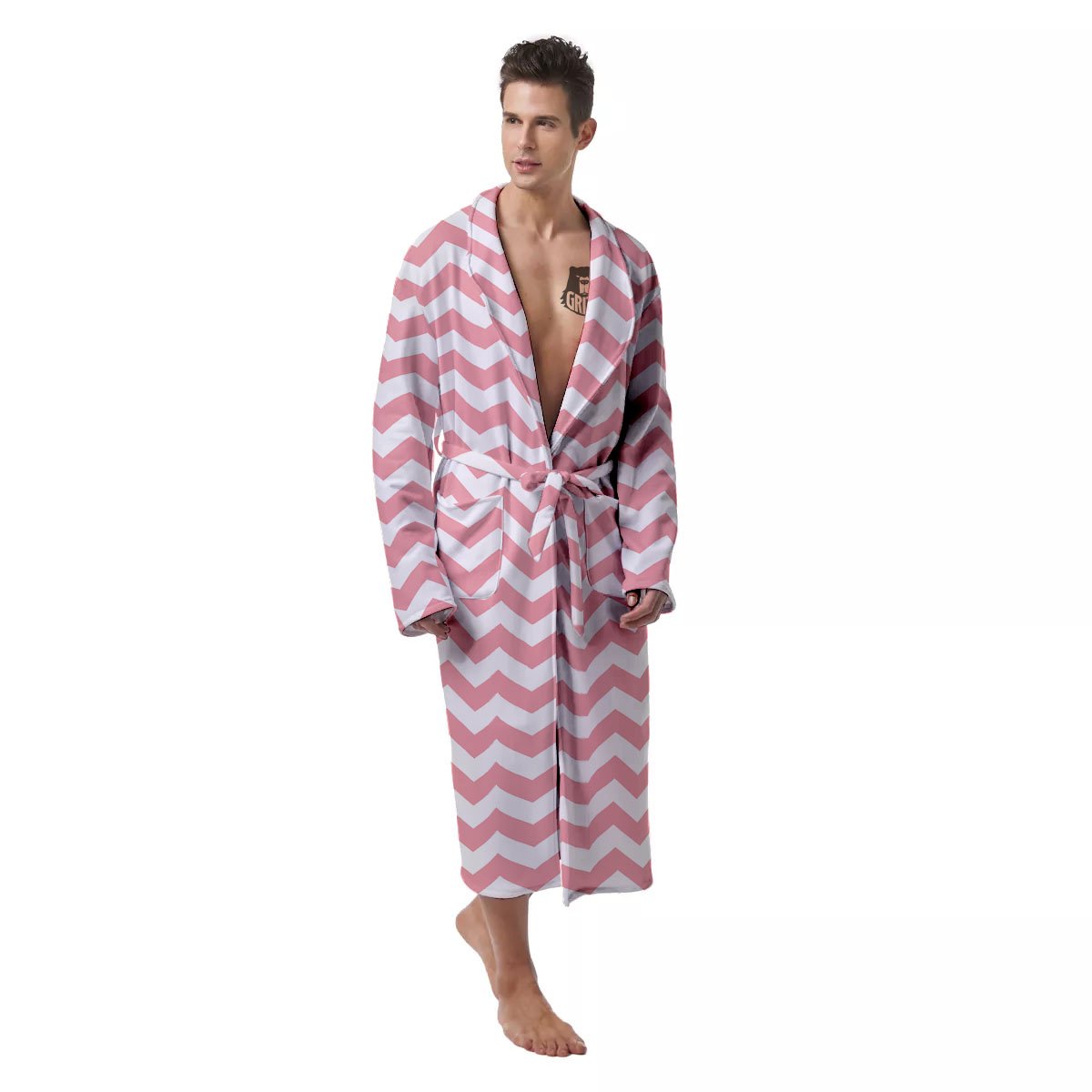 Zigzag White And Pink Print Pattern Men's Robe-grizzshop