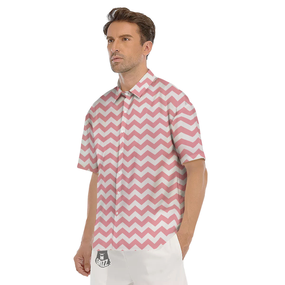 Zigzag White And Pink Print Pattern Men's Short Sleeve Shirts-grizzshop