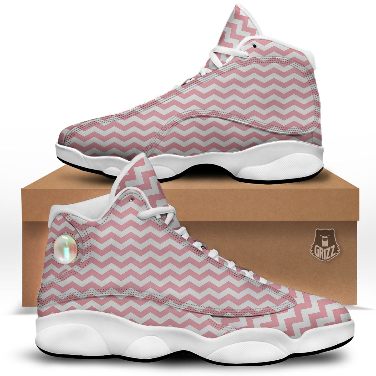 Zigzag White And Pink Print Pattern White Basketball Shoes-grizzshop