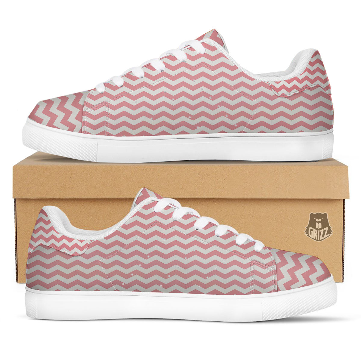 Zigzag White And Pink Print Pattern White Low Top Sneakers-grizzshop