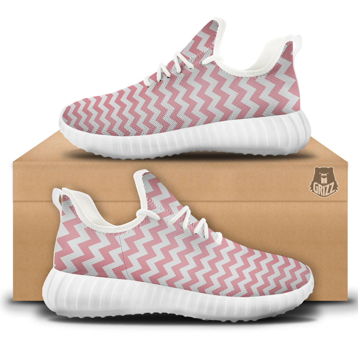 Zigzag White And Pink Print Pattern White Walking Shoes-grizzshop