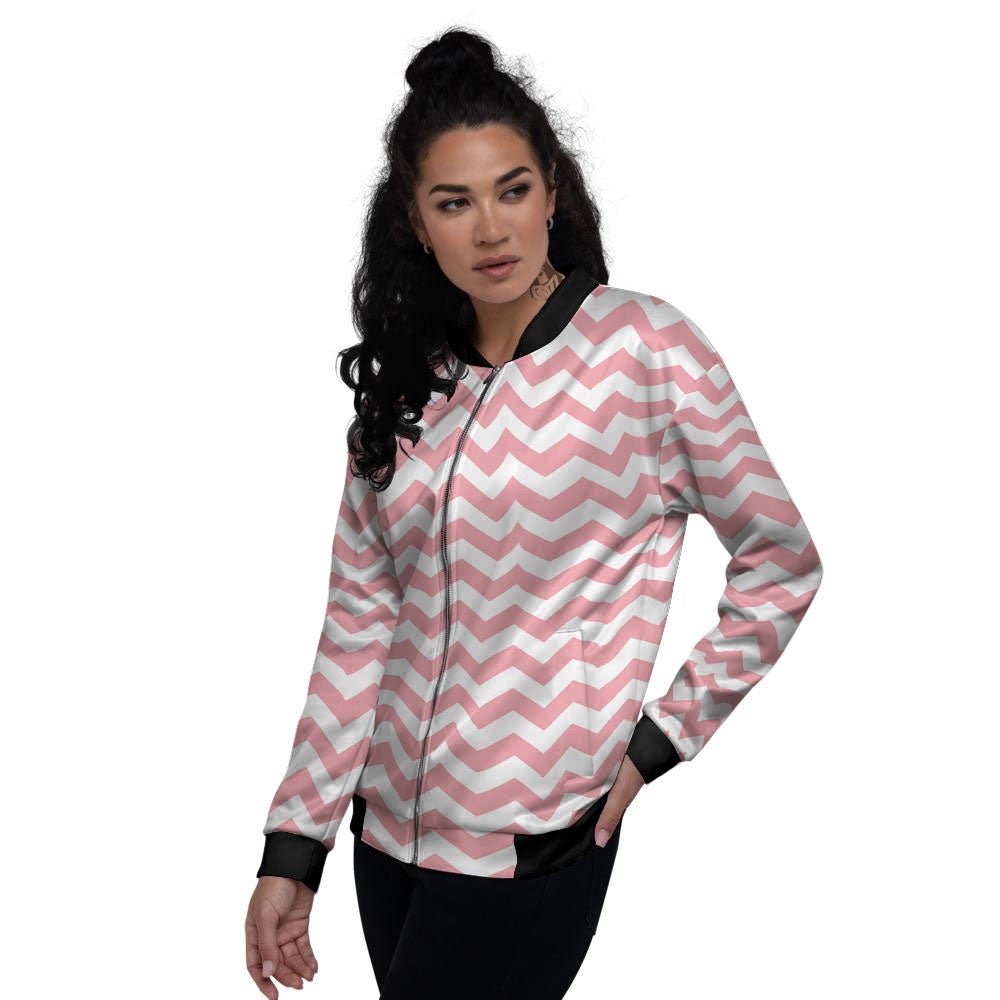 Zigzag White And Pink Print Pattern Women's Bomber Jacket-grizzshop