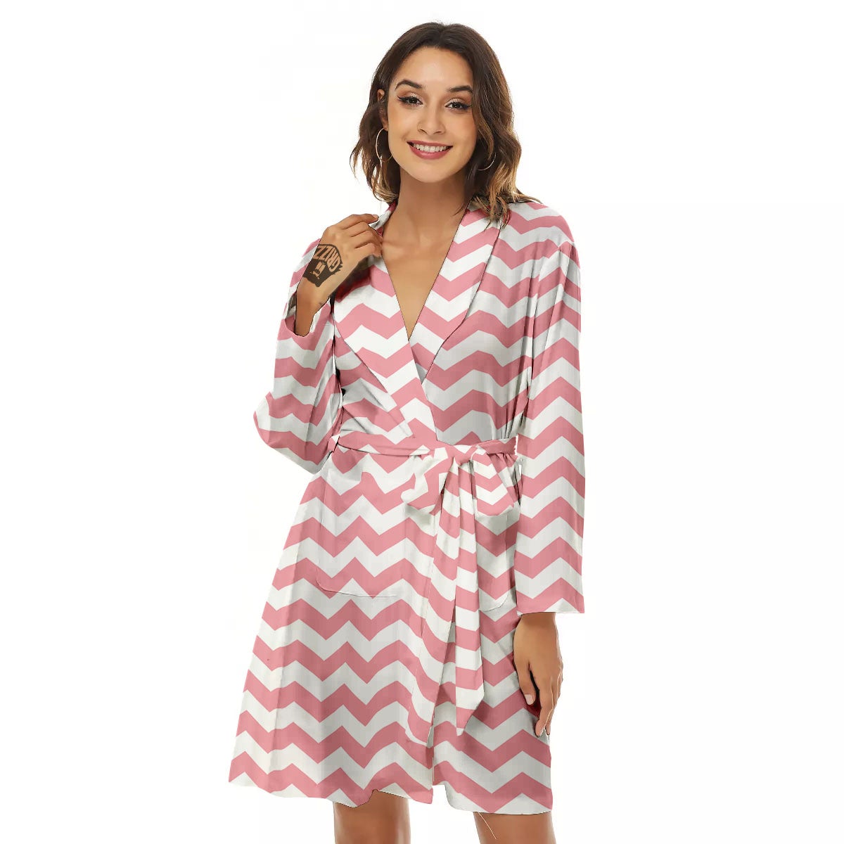 Zigzag White And Pink Print Pattern Women's Robe-grizzshop