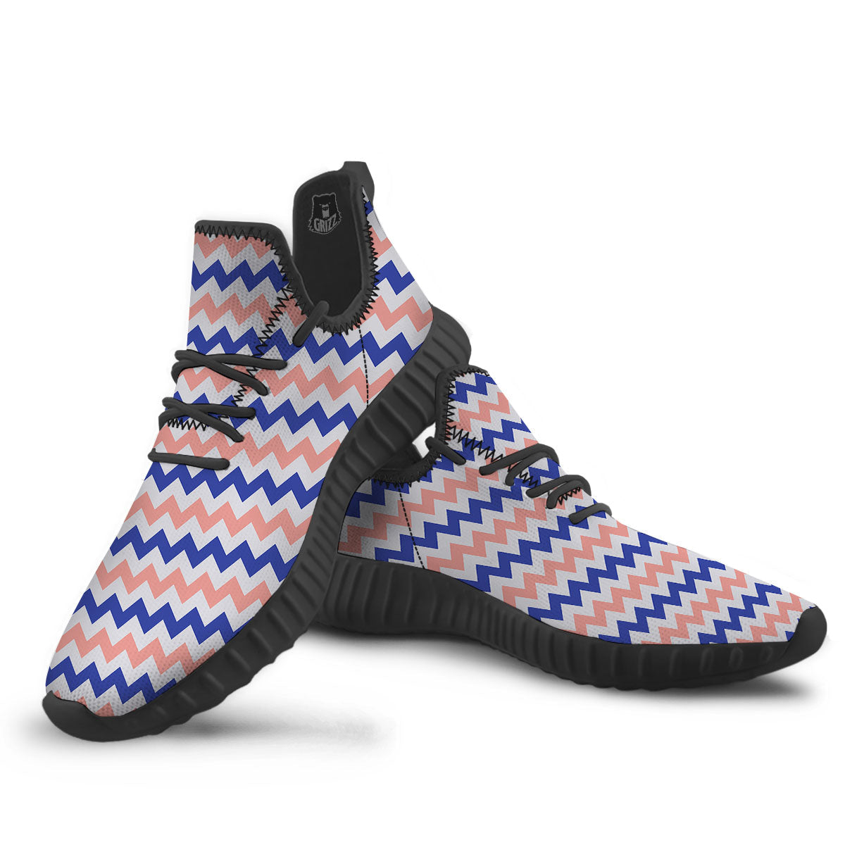Zigzag White Pink And Navy Print Pattern Black Walking Shoes-grizzshop