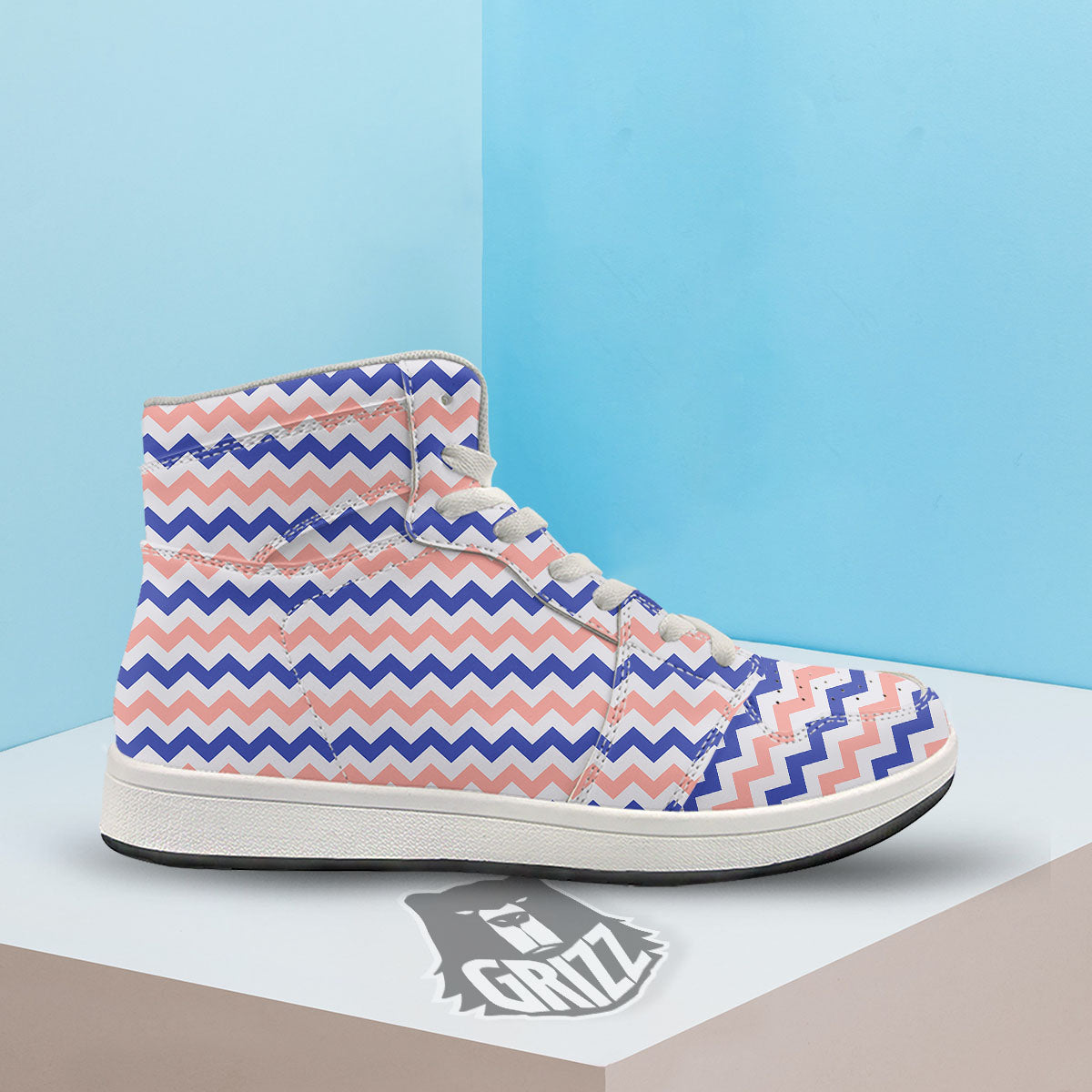 Zigzag White Pink And Navy Print Pattern High Top Sneakers-grizzshop