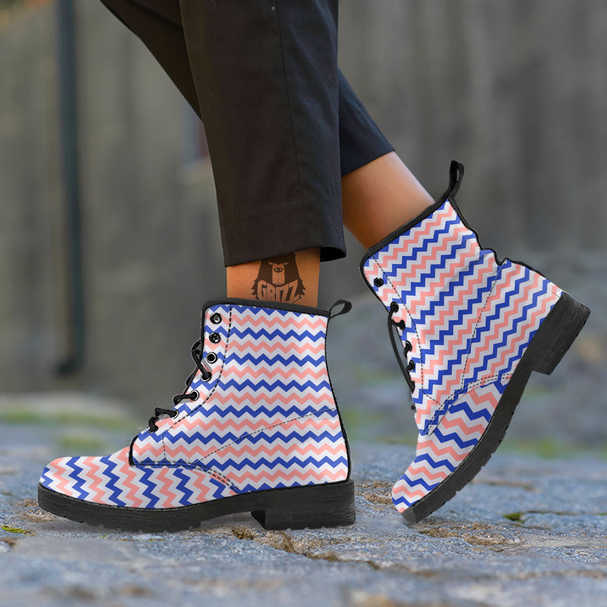 Zigzag White Pink And Navy Print Pattern Leather Boots-grizzshop