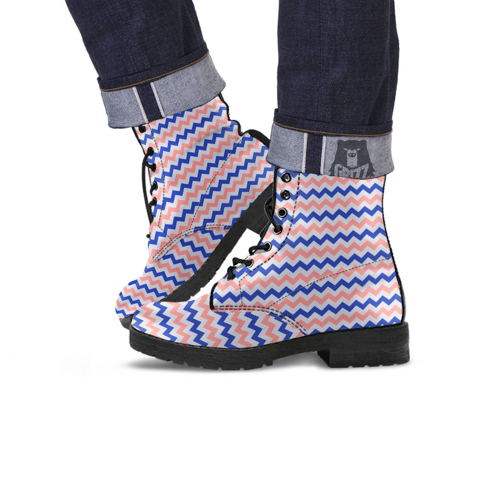 Zigzag White Pink And Navy Print Pattern Leather Boots-grizzshop