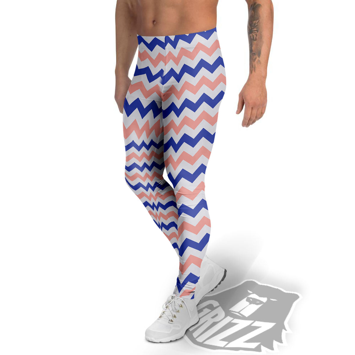 Zigzag White Pink And Navy Print Pattern Men's Leggings-grizzshop