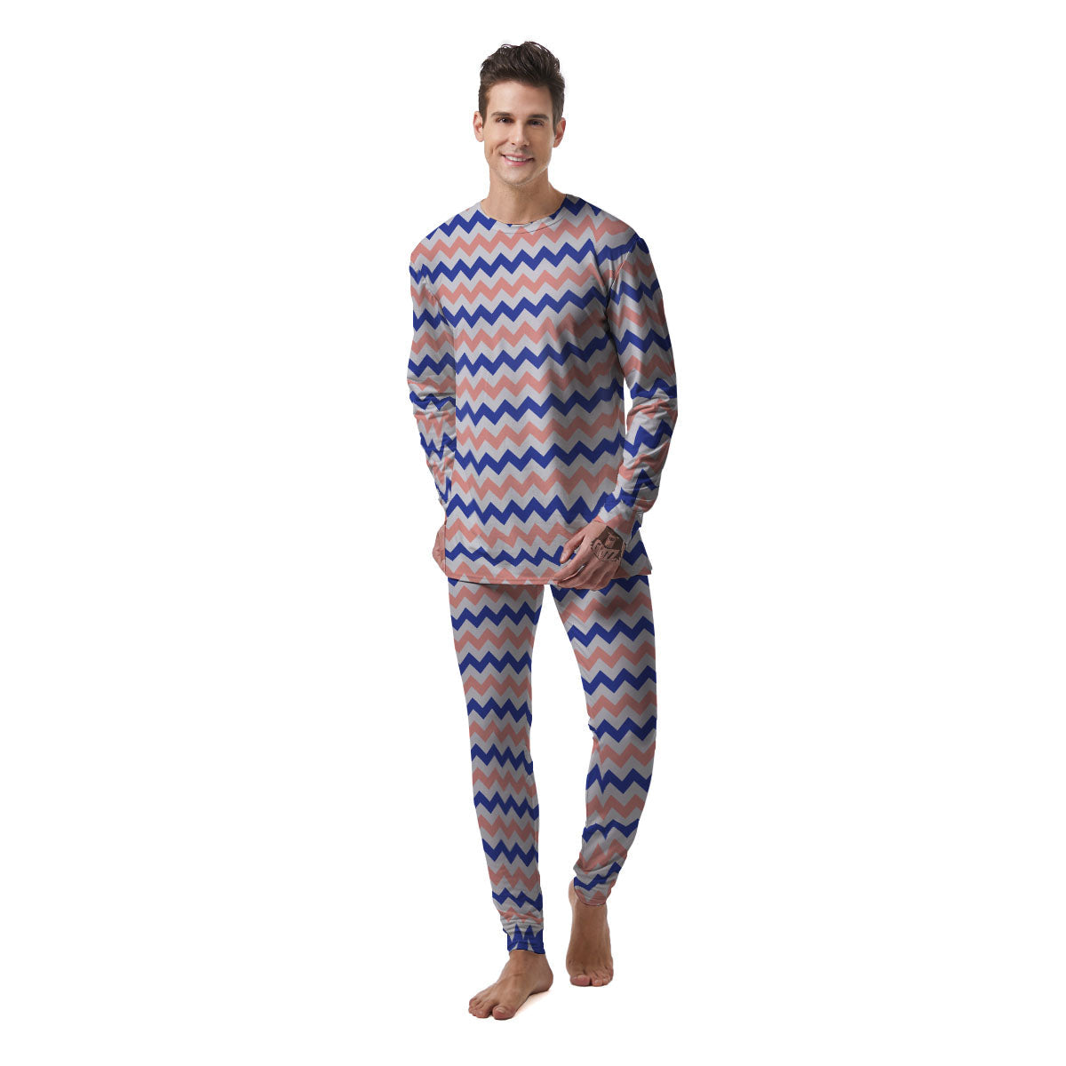 Zigzag White Pink And Navy Print Pattern Men's Pajamas-grizzshop