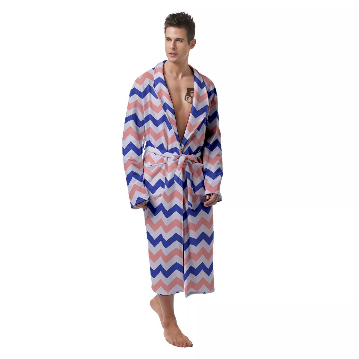 Zigzag White Pink And Navy Print Pattern Men's Robe-grizzshop