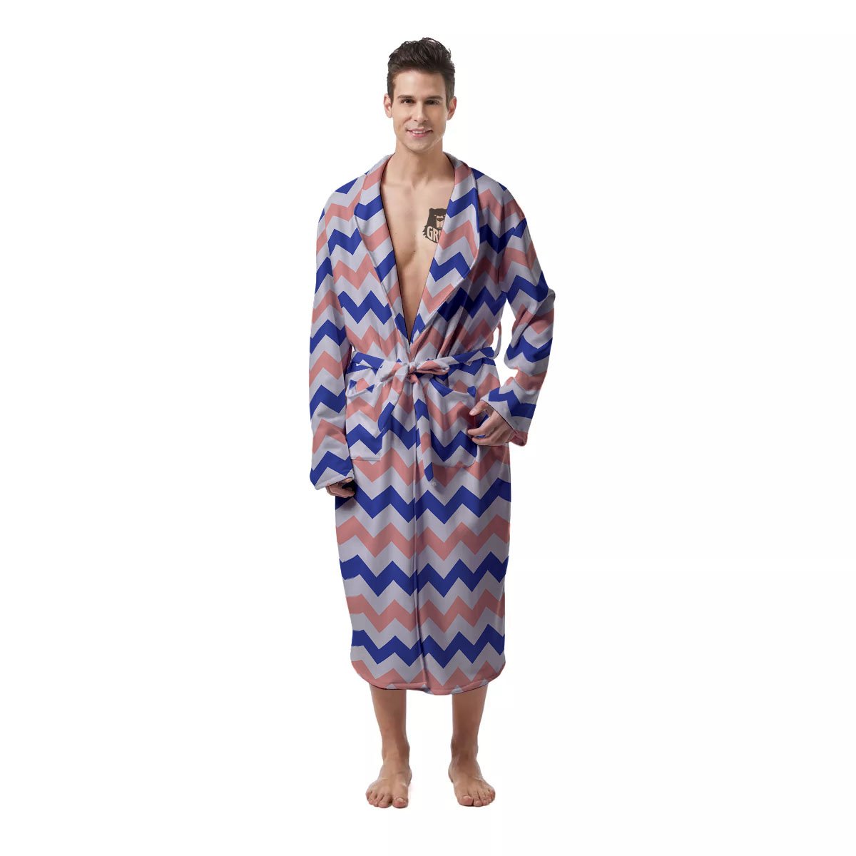 Zigzag White Pink And Navy Print Pattern Men's Robe-grizzshop