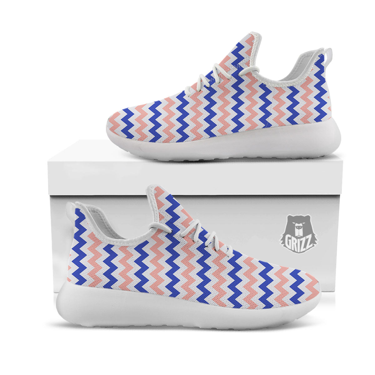 Zigzag White Pink And Navy Print Pattern White Athletic Shoes-grizzshop