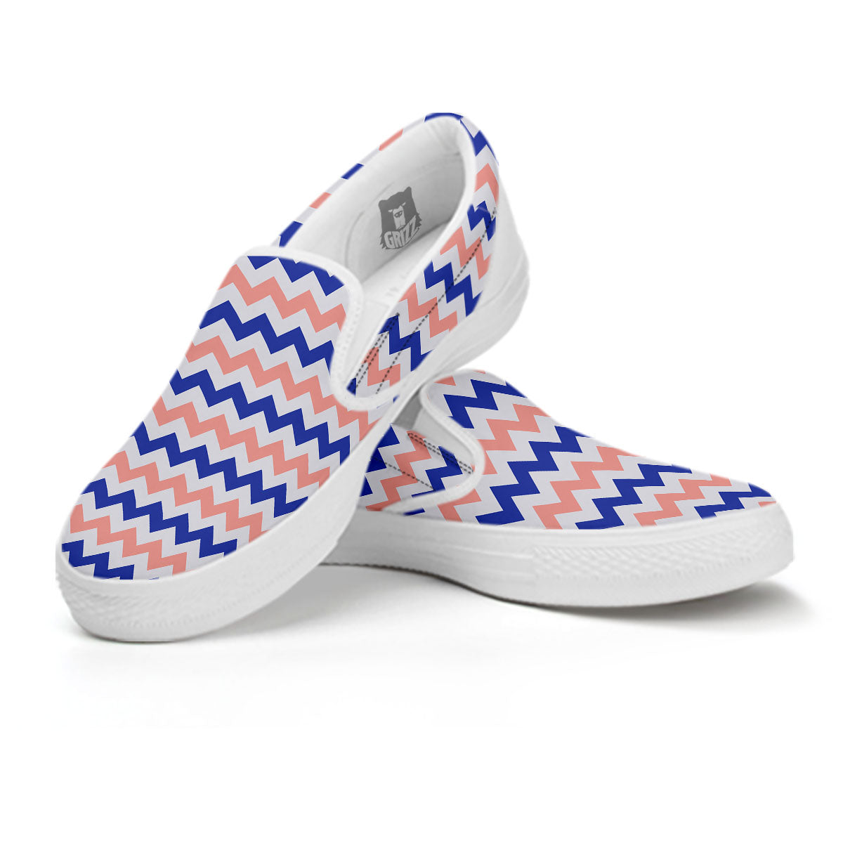 Zigzag White Pink And Navy Print Pattern White Slip On Shoes-grizzshop